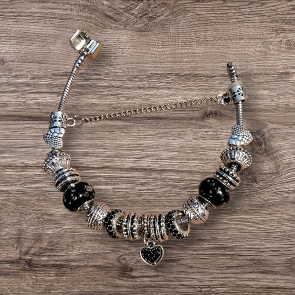 Silver & Black Charm Bracelet, Safety Chain, Heavyweight, Approximately … - Picture 1 of 5